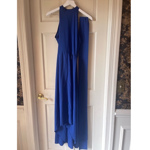 Hi Lo High Neck Belted Maxi Dress Royal Blue - Picture 3 of 4